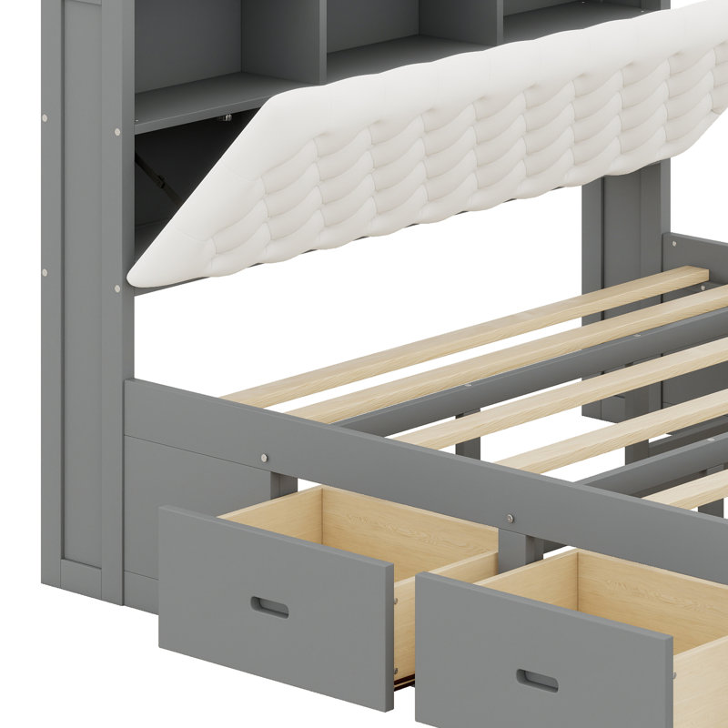Lit plateforme en bois robuste avec 4 tiroirs, tête de lit et range-chaussures, Gris
