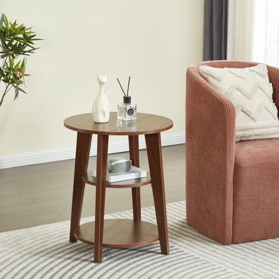 3-Tier Round End Table - Wood Accent Side Table With Storage Shelf, Vintage Style Nightstand For Living Room & Bedroom