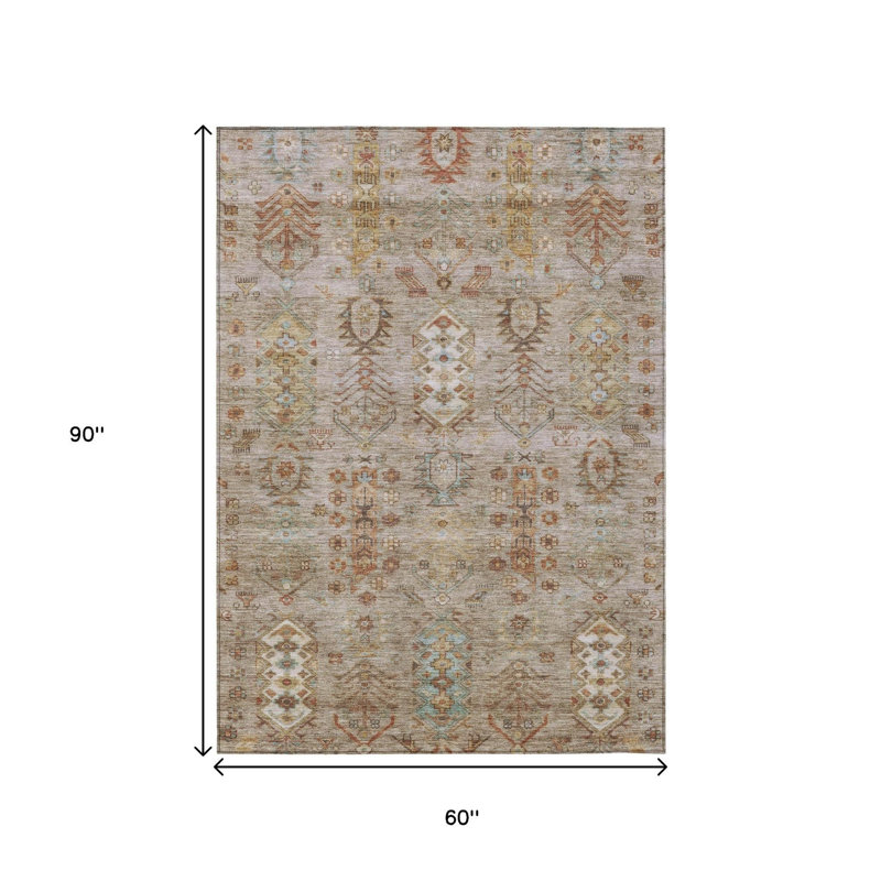 Tapis intérieur/extérieur lavable beige et cuivre à motifs tribaux, 152 x 244 cm