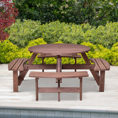 70.5 In. W Round Wood Outdoor Picnic Table Bench Set With Umbrella Hole