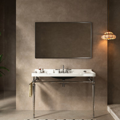 Lavabo de salle de bain de 122 cm (48 po), lavabo en céramique blanche, 3 trous pour robinetterie, support en acier inoxydable avec porte-serviettes, couleur haute performance, ensemble d'installation à faire soi-même, pieds prépercés avec finition intégrée.
