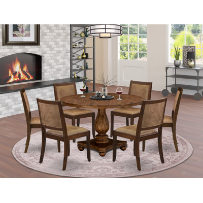 7-piece Dining Room Table Set consists of a Round Kitchen Table and 6 Brown Texture Polyester Fabric stackable kitchen Chair, Antique Walnut Finish
