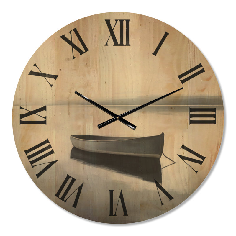 Horloge murale ronde « Bateau solitaire sur eau calme », imprimée sur bois, style côtier, Médium