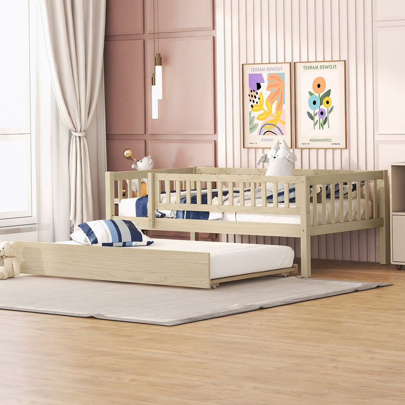 Lit de jour en bois avec couchette et garde-corps, Naturel, Simple