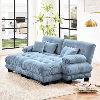 Blue Chenille 2 Seater Cloud Couch Sleeper With Lumbar Pillows, Throw Pillows And Ottomans For Living Room, Exquisite Round Bolster , High Resilient Sponge Filled Seat Cushions, Flexible Combination