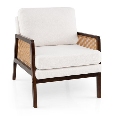 Mid Century Modern Accent Chair Living Room Armchair With Rattan Arms Wooden Frame