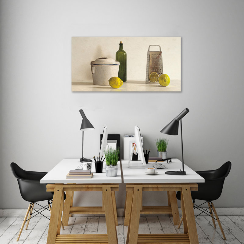 " Two Lemons, Rasp, Bottle And Pot " by Willem De Bont, 12" H x 24" W x 1.5" D