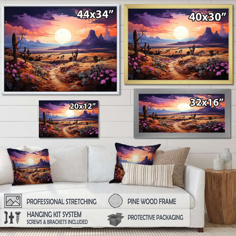 Violet Vista cactus - impressions sur toile de cactus, H 34 po x l 44 po x P 1,5 po, Cadre simple argenté
