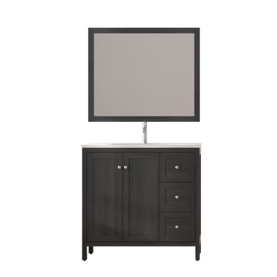 Meuble-lavabo moderne de 35,5 po en noir, lavabo en résine, surface imperméable, rangement à fermeture en douceur, installation rapide pour meuble-lavabo compact, 3 tiroirs, glissières à fermeture en douceur, éclaboussures, structure en contreplaqué,