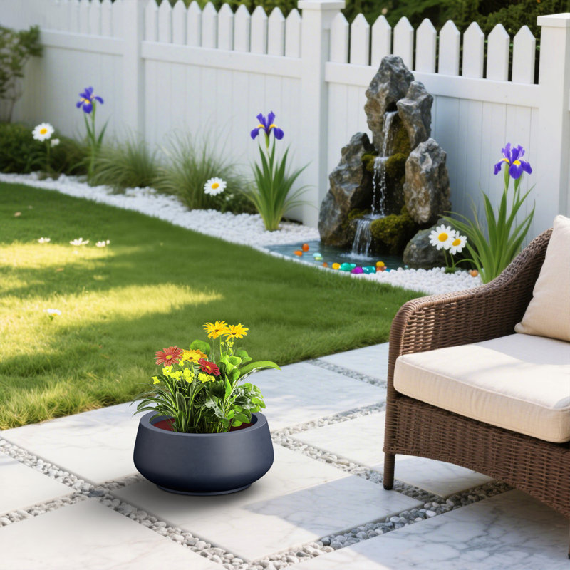 16 in. Large Navy Blue(Upgraded Interior) Concrete Round Planter / Pot, Curvy Planter Bowl with Drainage Holes, Navy Blue