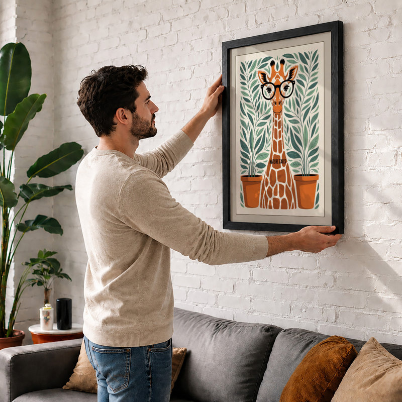 Giraffe with Potted Plants Boho - Framed Print, A2 - 59.4 x 42.0 cm, Unframed