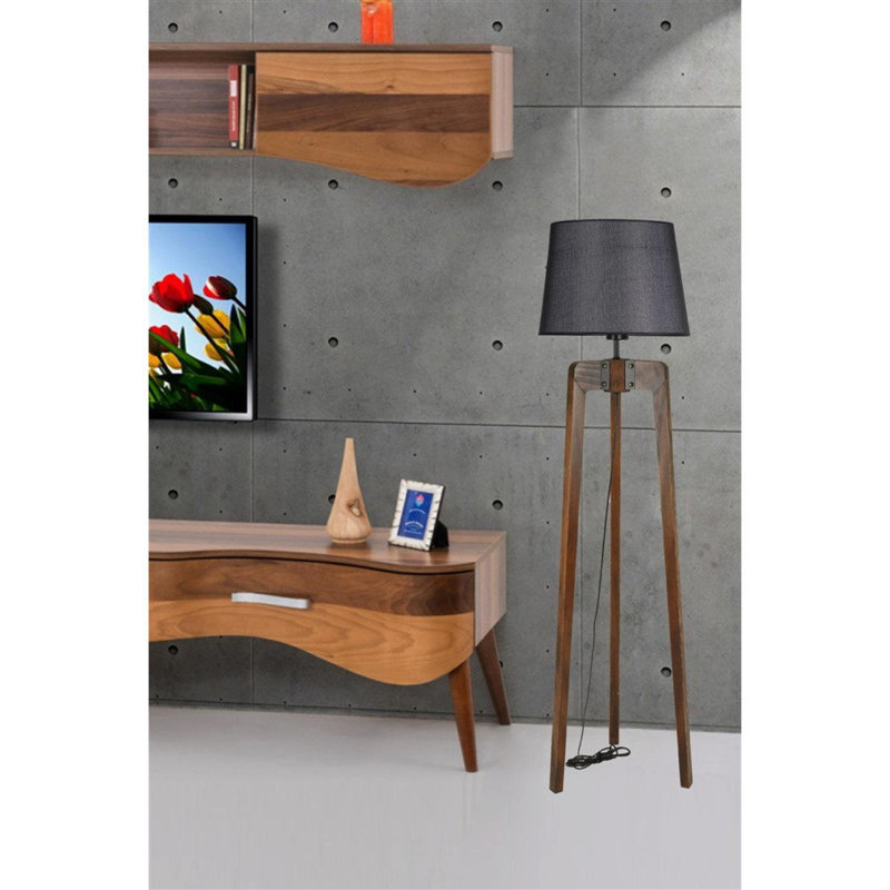 Luro Stylish Floor Lamp with FIR Wood Body, Walnut & Black Finish, 67.0 inches Tall | E27 Socket, Max 60W | Durable Fabric Cap & Electrostatic Oven Dried Paint | Perfect for Living Rooms & Modern Decor