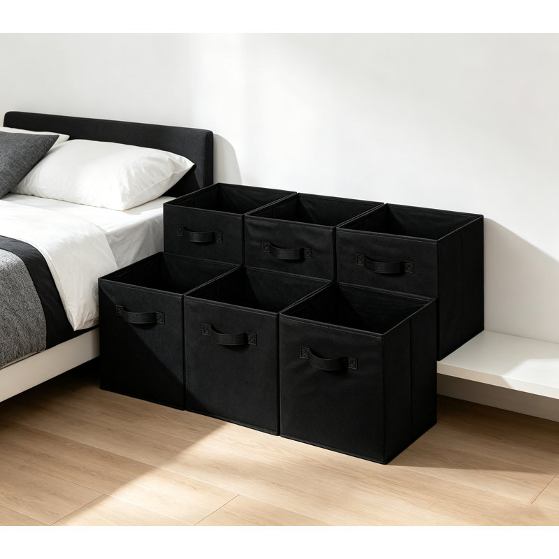 33 x 33 cm Collapsible Fabric Storage Cube with Handles,Pack of 6,Solid Grey, Black