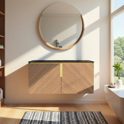 Modern Bathroom Cabinets Storage Without Sink, Black Sintered Stone Vanity Top & Brown Oak Cabinet