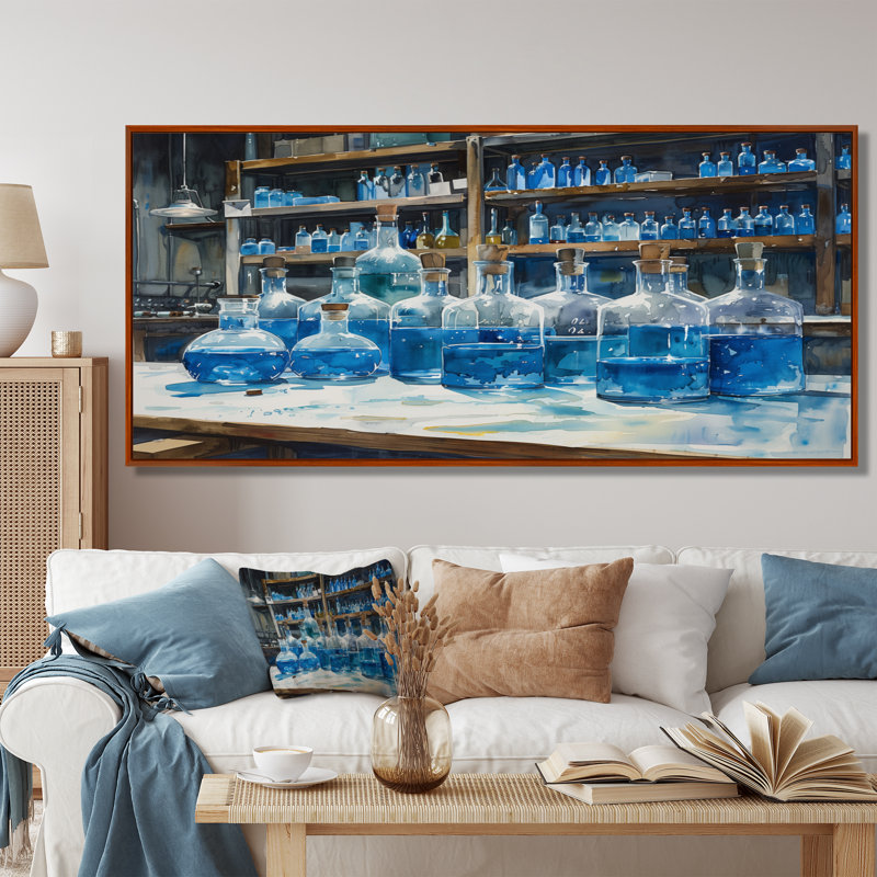 Art mural bleu et bleu synthétique - Laboratories, Cadre flottant brun, 16" H x 32" W