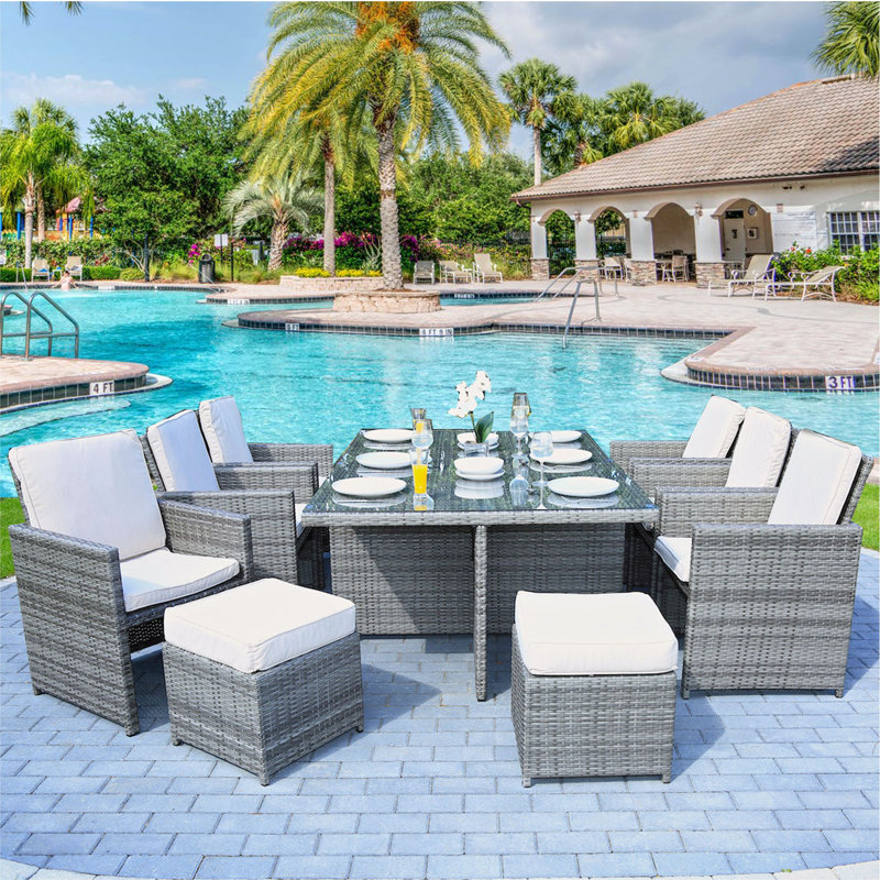 16 - Person Wicker Patio Dining Set with Rectangular Table , Cushions Included, Gray Frame/White Cushion