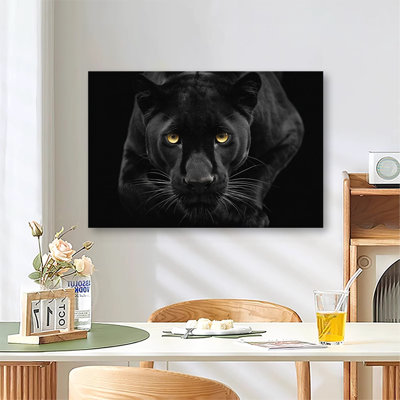 Black Panther Black And White Wildlife Animal Artwork, Large Gallery Wrapped Canvas Wall Art Print for Living Room & Bedroom