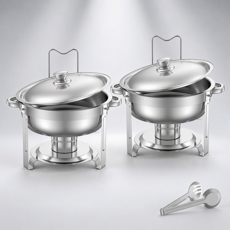 Ensemble de buffet de 2 chafing dishes ronds de 5 pintes (4,7 L), en acier inoxydable, idéal pour maintenir les aliments à la température et dresser une table élégante.