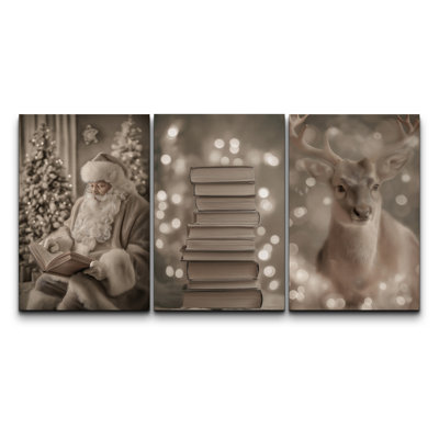 «Neutral Toned Christmas Trio with Santa, Books and Deer Art», reproduction d'art sur toile encadrée 3 pièces