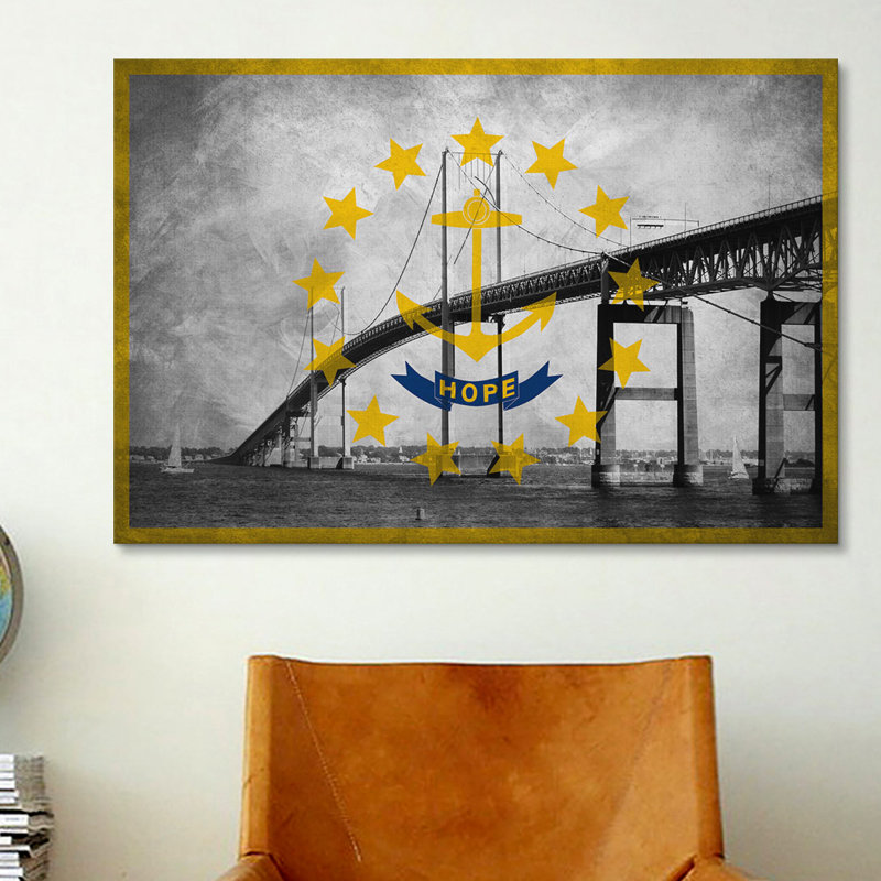 « Flag Rhode Island », grunge, Bell Newport Bridge-impression d’art graphique sur toile, H 12 po x l 18 po x P 0,75 po