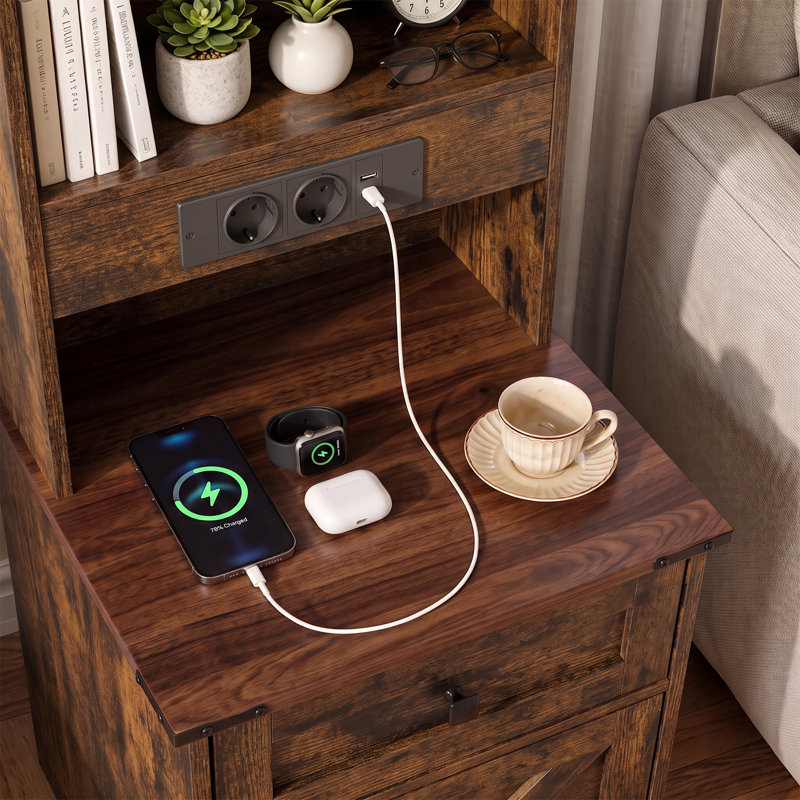 Tall Nightstand with Charging Station, Brown
