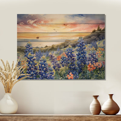 «Blue Bonnets Sunset I» - art mural en bois bleu sur bois de pin naturel