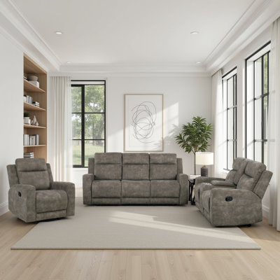 Huson Traditional Manual Reclining 3-Piece Living Room Set with Textured Microfiber Upholstery, Tab Pull Motion & Foam over Pocket Coils Comfort by Latitude Run
