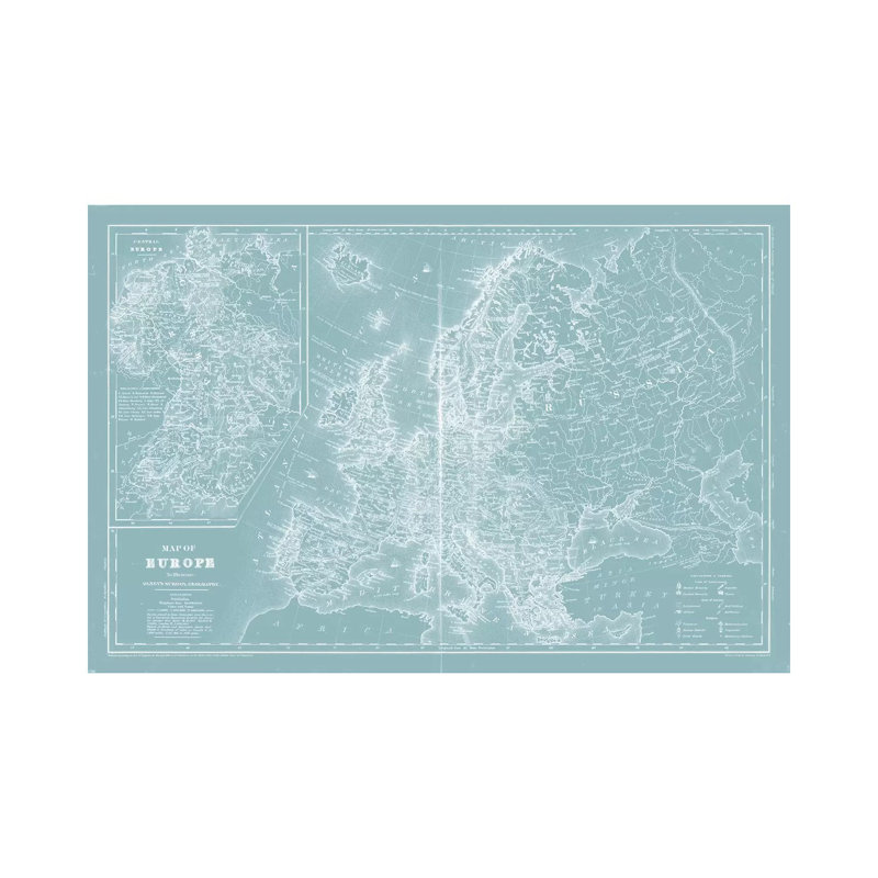 Map Of Europe On Aqua by Mitchell - Wrapped Canvas Gallery-Wrapped Canvas Giclée, 20.32 cm H x 30.48 cm W