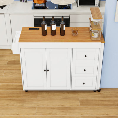 Rolling Kitchen Island with 3 Drawers, Extendable Table, Power Outlet and Storage Cabinet