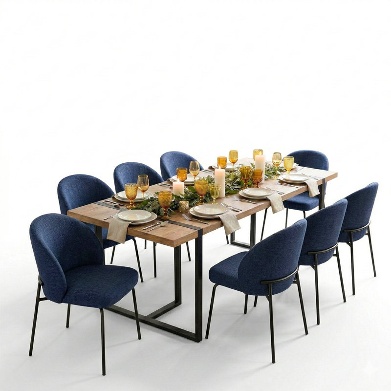78.7" Industrial Wood Dining Table Set For 8 With Upholstered Curved Back Chairs, Blue
