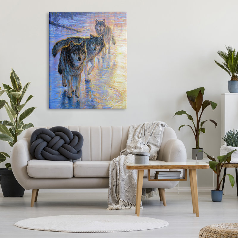 «Sunlit Wolf Trio», peinture sur toile, H 48 po x l 36 po x P 1,5 po