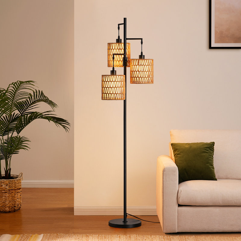 65" Rattan Tree Floor Lamp with Dimmer Switch and 3 Bulbs Included