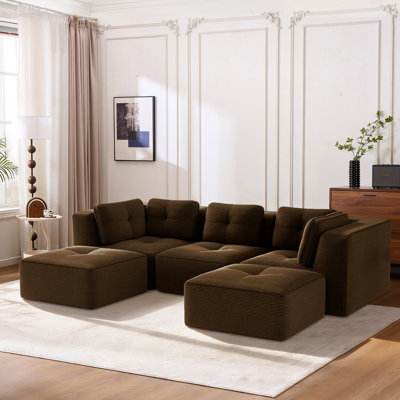 Canapé modulaire en U en velours côtelé 5 pièces avec 2 repose-pieds, conception capitonnée, sans assemblage