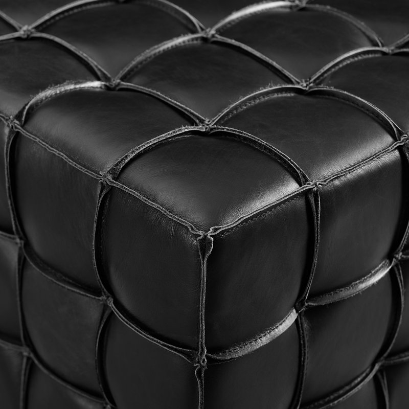 Laryn Genuine Leather Square Pouf Ottoman, Black