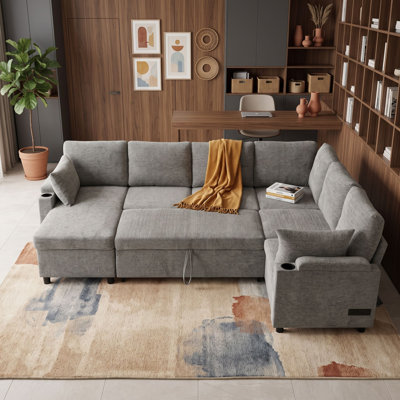 Sectional Sofa Bed with Pull-Out Sleeper, Storage Chaise, Built-In USB Charging Ports, Cup Holders and Armrest Storage