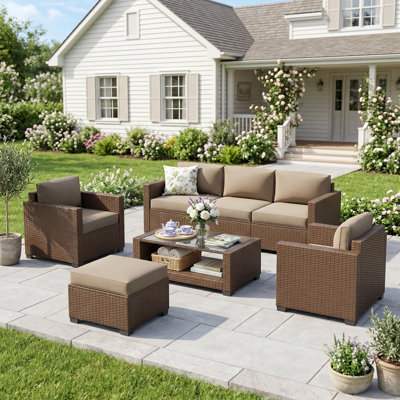 7 Piece Wicker Outdoor Patio Conversation Furniture Set with Cushions and Coffee Table