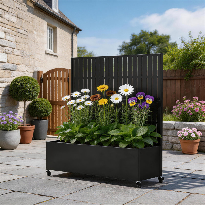 Boîte à fleurs en métal avec treillis et roues Linden, H 47,2 po x l 47,2 po x P 15,7 po, Noir