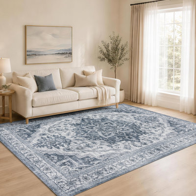 Vintage Blue Floral Machine Washable Area Rug, Ultra-Soft Low-Pile Indoor Rug