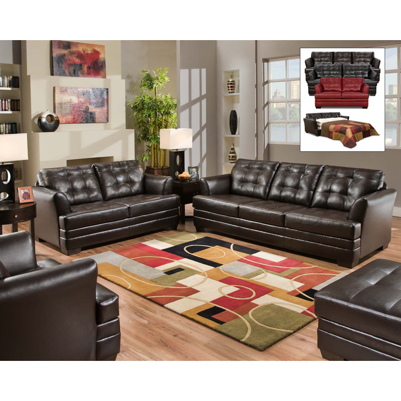 Contemporary Sleeper Sofa with Faux Leather Upholstery, Tufted Back and Seat, T-Cushions, Flair Arms, and Loose Cushions – Stylish Convertible Seating for Any Living Space