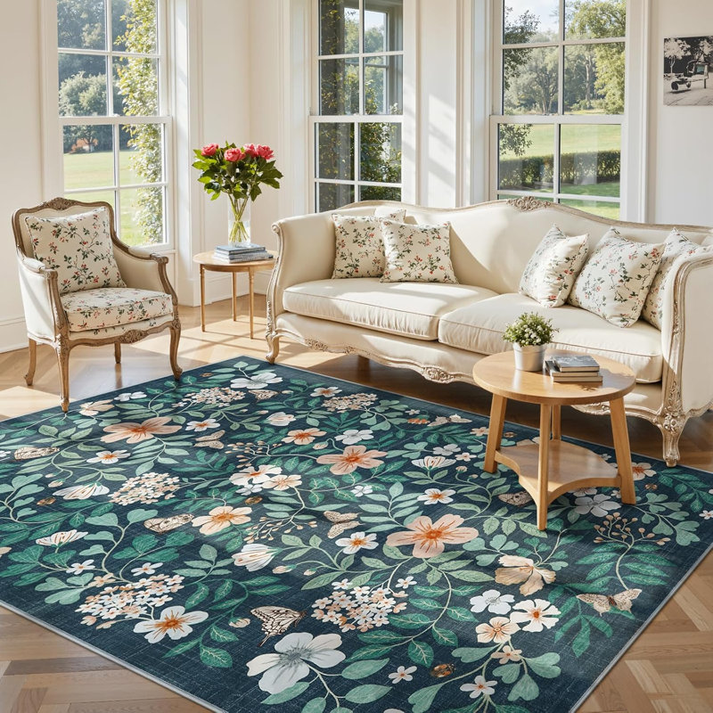  Floral Washable Area Rug Non-Slip Stain Resistant Low-Pile Boho Large Indoor Throw Carpet, Teal/Green, Rectangle 5' x 7'