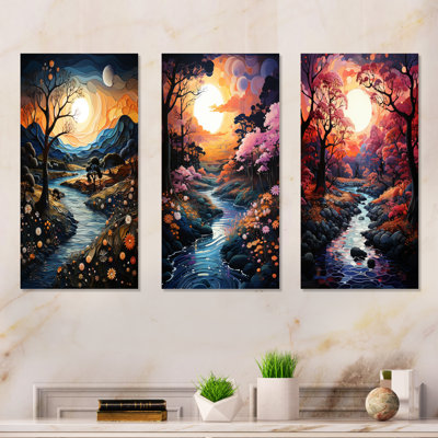 Sunset Whimsical Riverbanks - Lake River Metal Wall Art Living Room Set Of 3