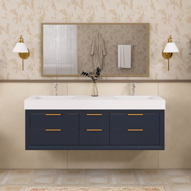 Meuble-lavabo double 60 po avec comptoir en marbre 60 po, Bleu