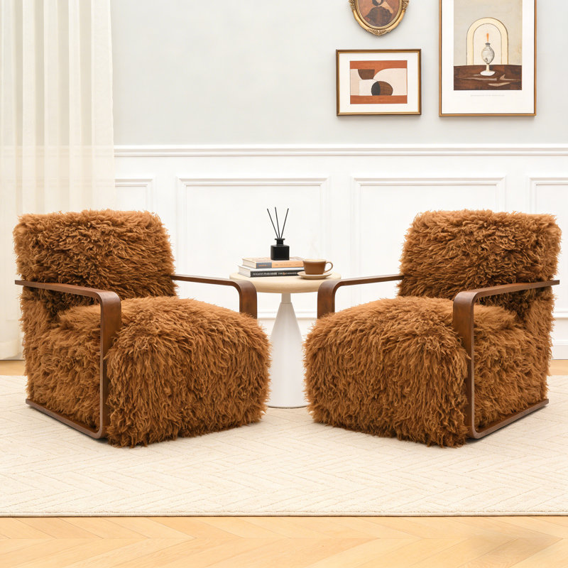 2-Pieces 28.3" Wide Faux Fur Accent Chair,Upholstered Lounge Chair With Curved Wooden Arms,Tight Back & Seat,Armchair For Living Room,Bedroom