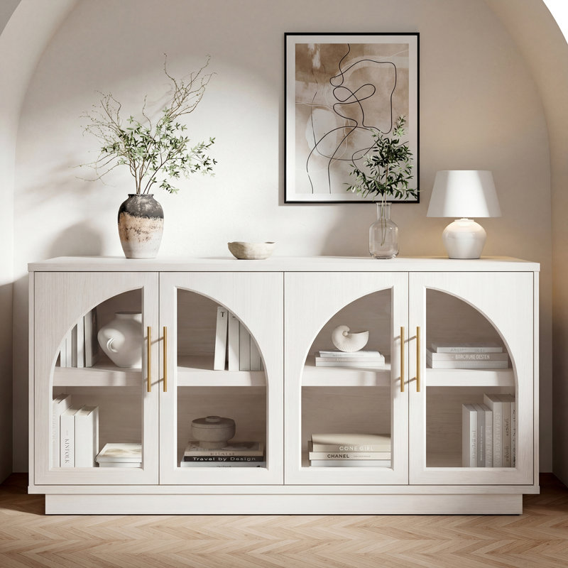 Arden 60" Curved Arch Sideboard Cabinet with 4 Tempered Glass Doors and Adjustable Shelves, 1Pc, White