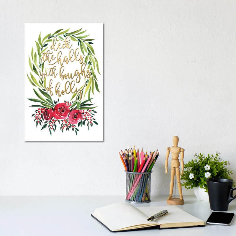 Floral Wreath Deck The Halls 1 Piece Wall Art on Canvas, 20.32 cm H x 30.48 cm W, Canvas