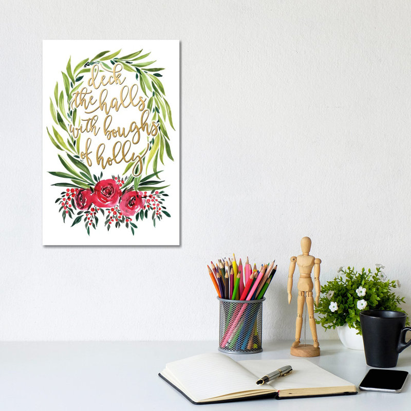 Floral Wreath Deck The Halls by Blursbyai - Gallery-Wrapped Canvas Giclée on Canvas, Canvas, 20.32 cm H x 30.48 cm W