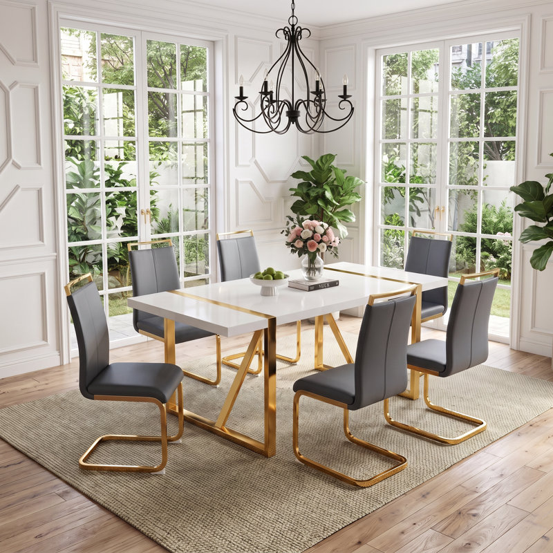 7-Piece Modern Glam Rectangular High-Gloss Dining Set with Faux Leather Cantilever Chairs, 7 Pieces: Table, 6 Chairs