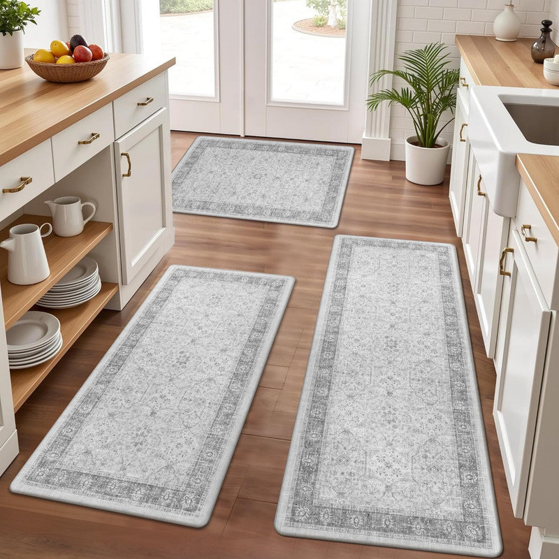 Anti-fatigue kitchen floor mat three-piece set, non-slip kitchen floor mat, comfortable standing mat, Light Grey