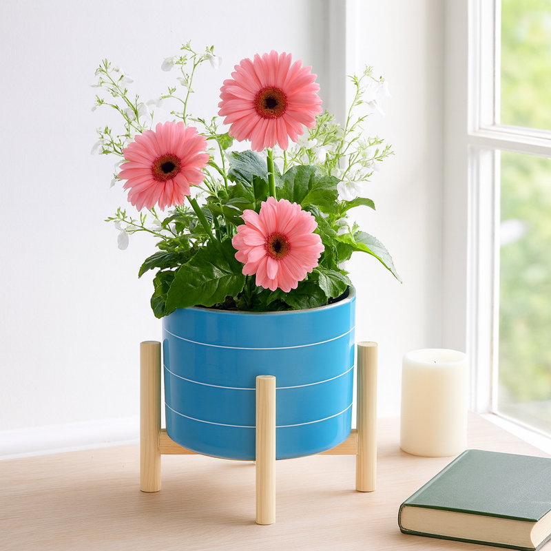 Pot de fleurs d'extérieur en céramique brillant sur support pour décoration intérieure - Pot de fleurs moderne et contemporain pour le salon ou le patio - Bleu ciel