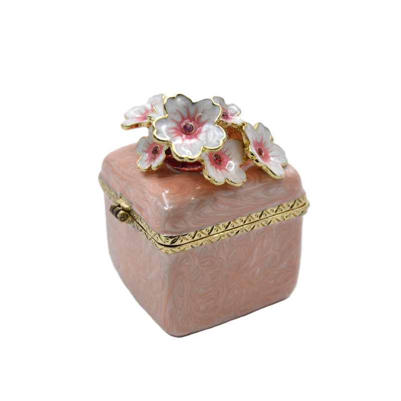 Grande boîte à bijoux carrée avec fleurs. Émail peint à la main, cristaux autrichiens